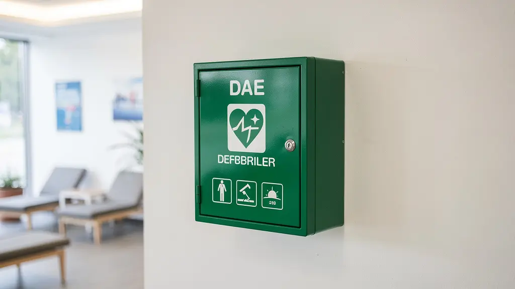 Boîtier DAE correctement installé dans un hall d'accueil avec signalétique verte normalisée