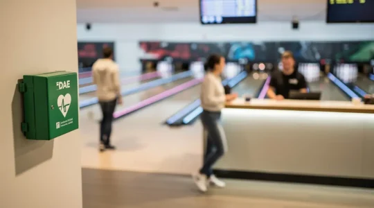 Intérieur de bowling avec pistes éclairées et boîtier DAE signalétique verte visible au mur