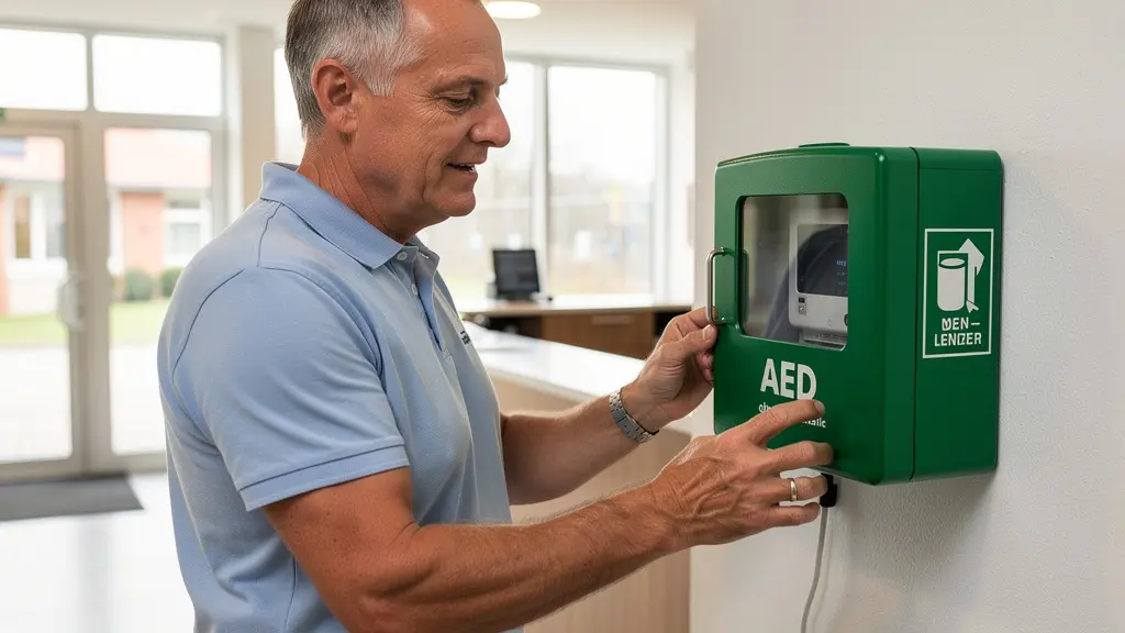 Gérant d'établissement de loisir consultant la signalétique verte d'un boîtier DAE mural